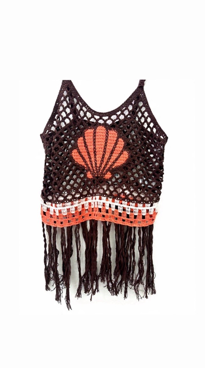 FCT SUN WOMEN REGULAR CROCHET FRINGE SHELL TANK BROWN ORANGE WHITE TOP