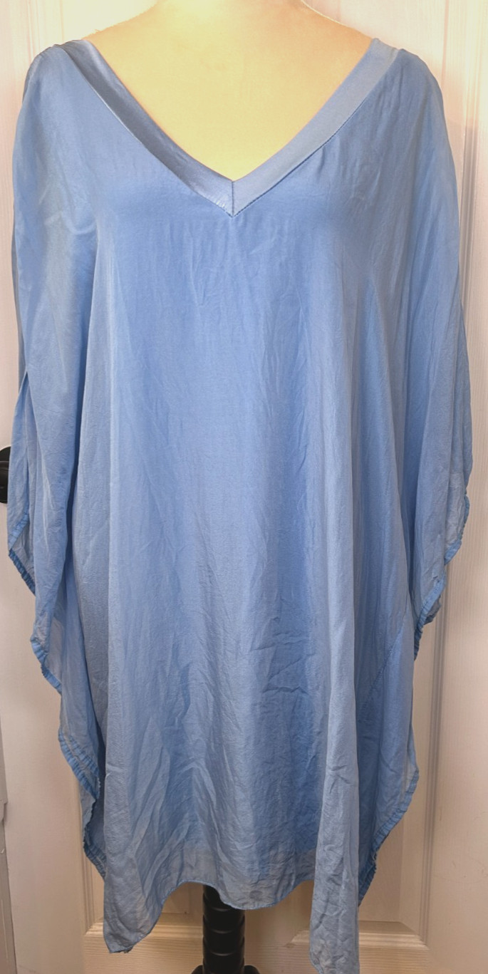 Sofia Italy Tunic Sz M/L Blue v-Neck Silk Viscose Layered Long Tunic Dress Top