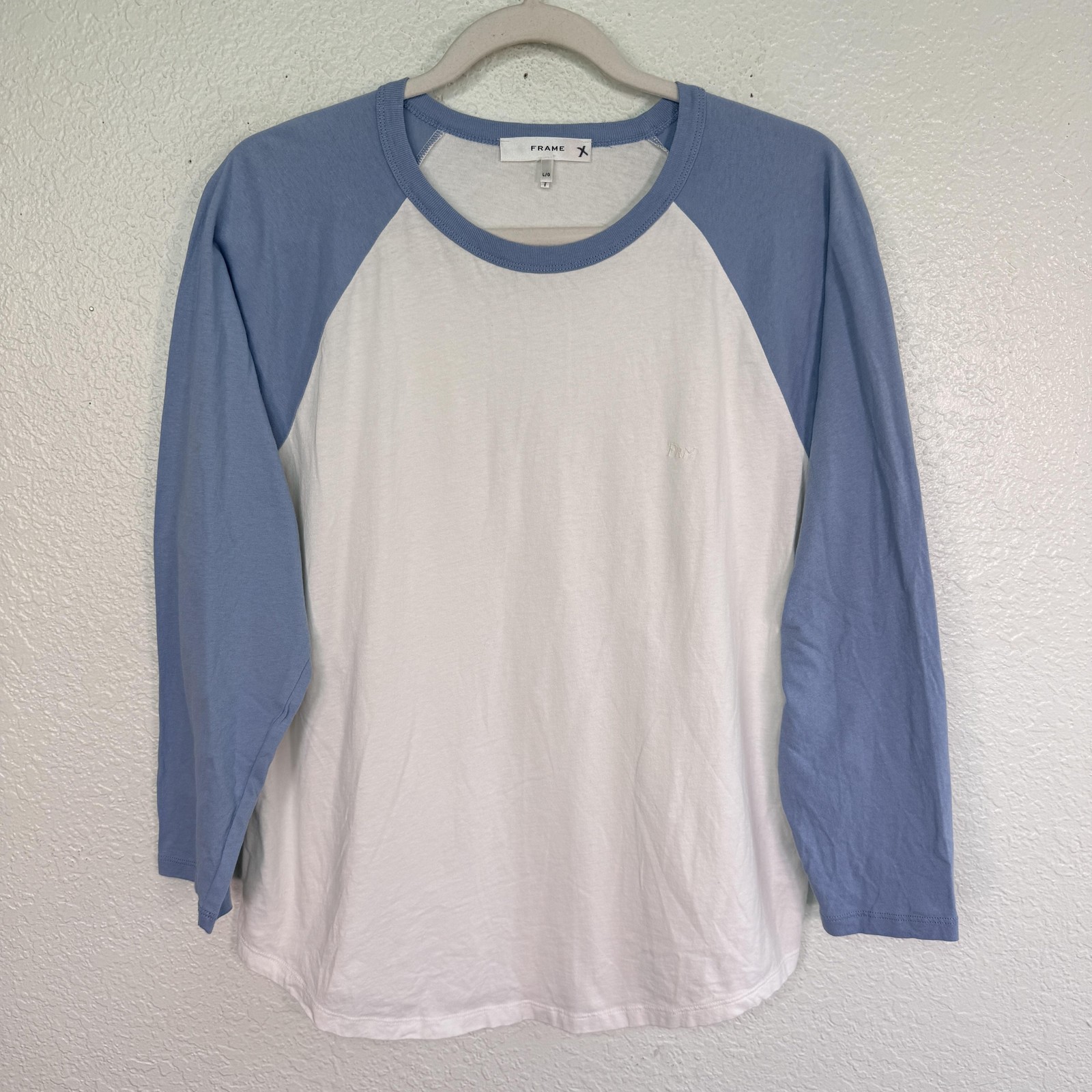 Frame Top Womens Large Logo Raglan Baseball Tee Shirt White Blue Long Sleeve