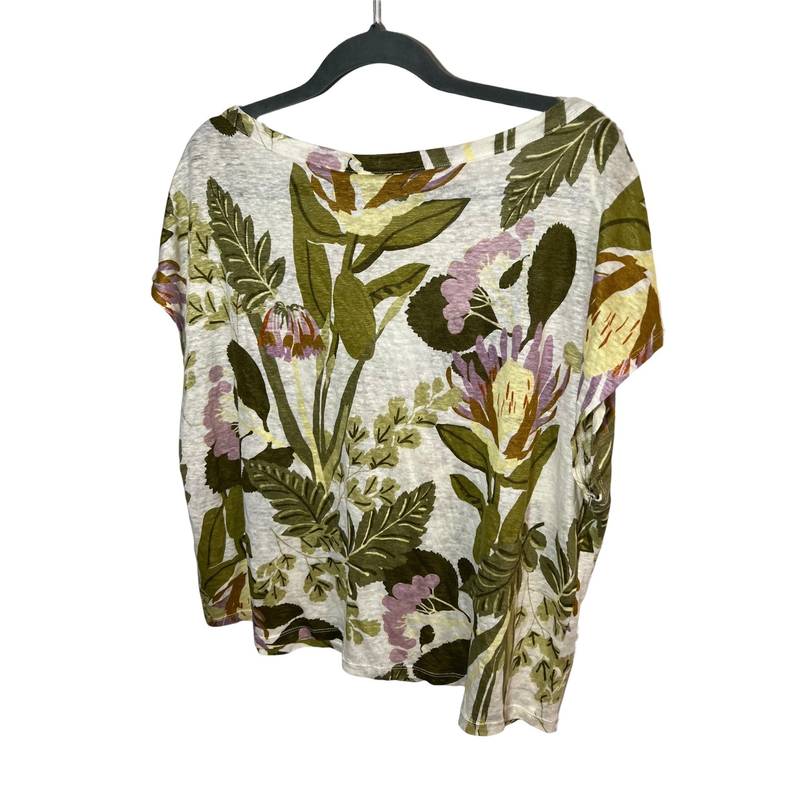 Rachel Zoe 100% Linen Floral Tropical Boxy Scoop Neck Summer Boho Coastal Large