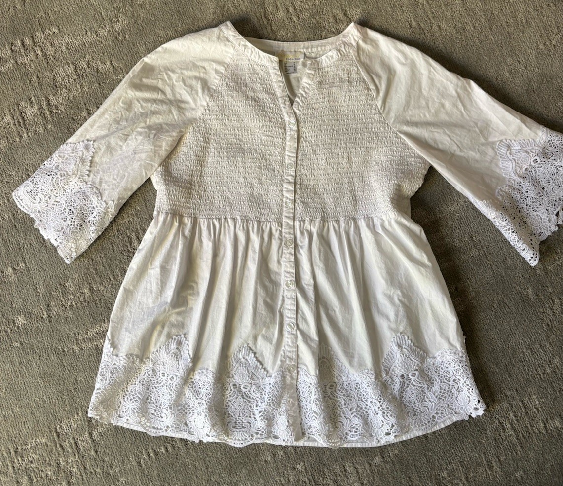 ALESSA W. COLLECTION Size 14 100% Cotton Smocked Peasant Blouse Boho Cottage