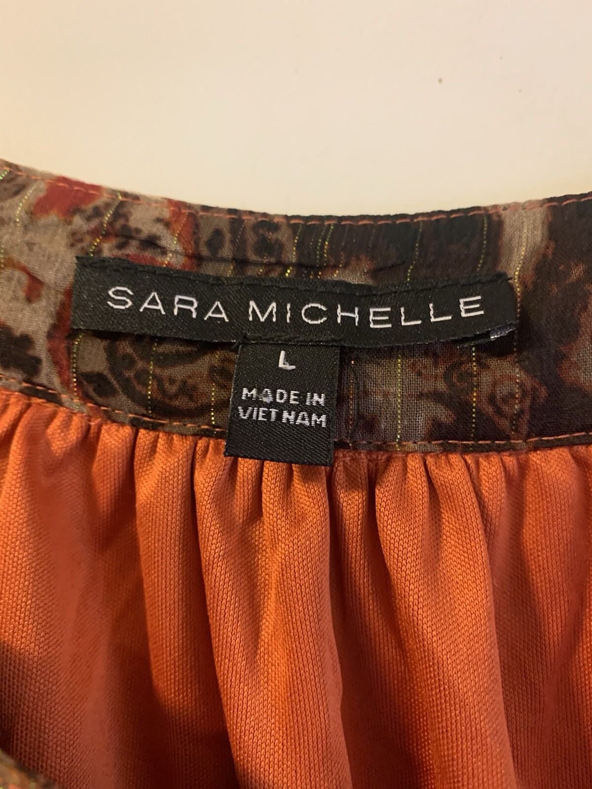 Sara Michelle Floral Mix Print Top Elastic LSleeve Chiffon Keyhole Org Brn Sz L