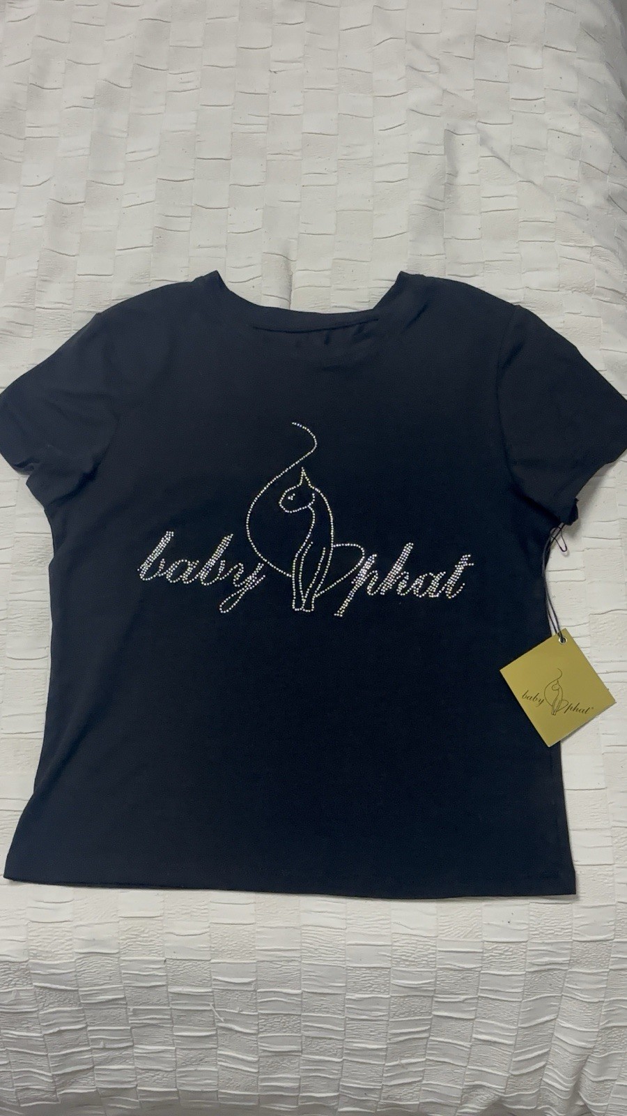 Baby Phat Women’s Black Solid Crew Neck Short Sleeve Rhinestone Cat Tee S