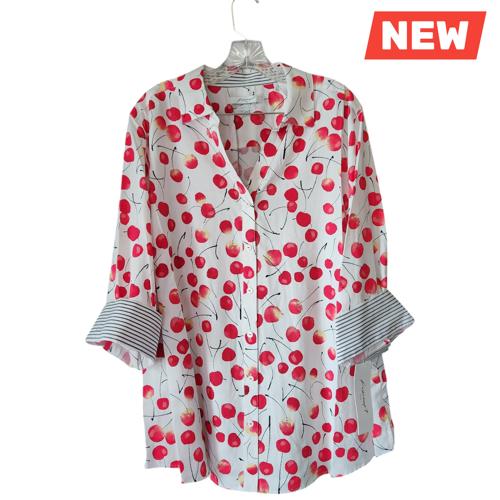 Foxcroft Mary Sweet Cherries Wrinkle Free Button Up Shirt 20W 3/4 Sleeves NWT