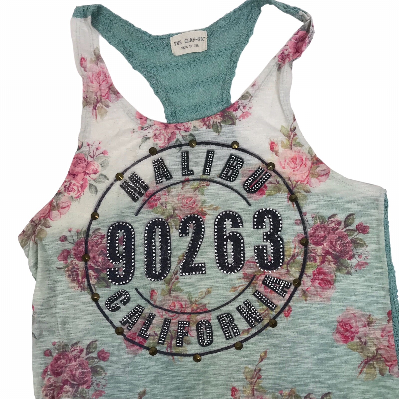 Han Clothing The Classic Embellished tank top tee M Malibu Ca 90263 Studs Floral