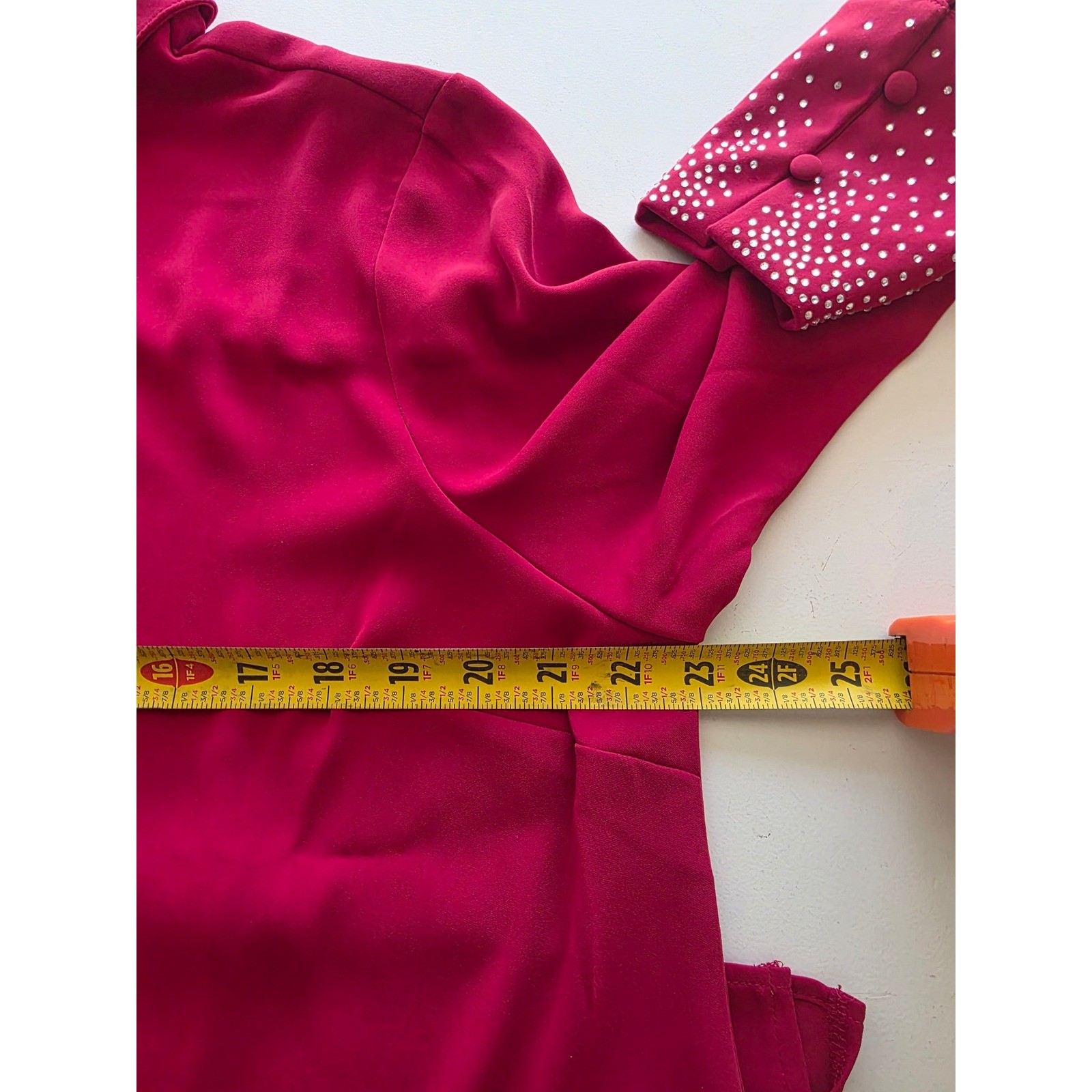 Joan Rivers Red Carpet Blouse VIbrant Red Rhinestone Cuff Button Down Top Large
