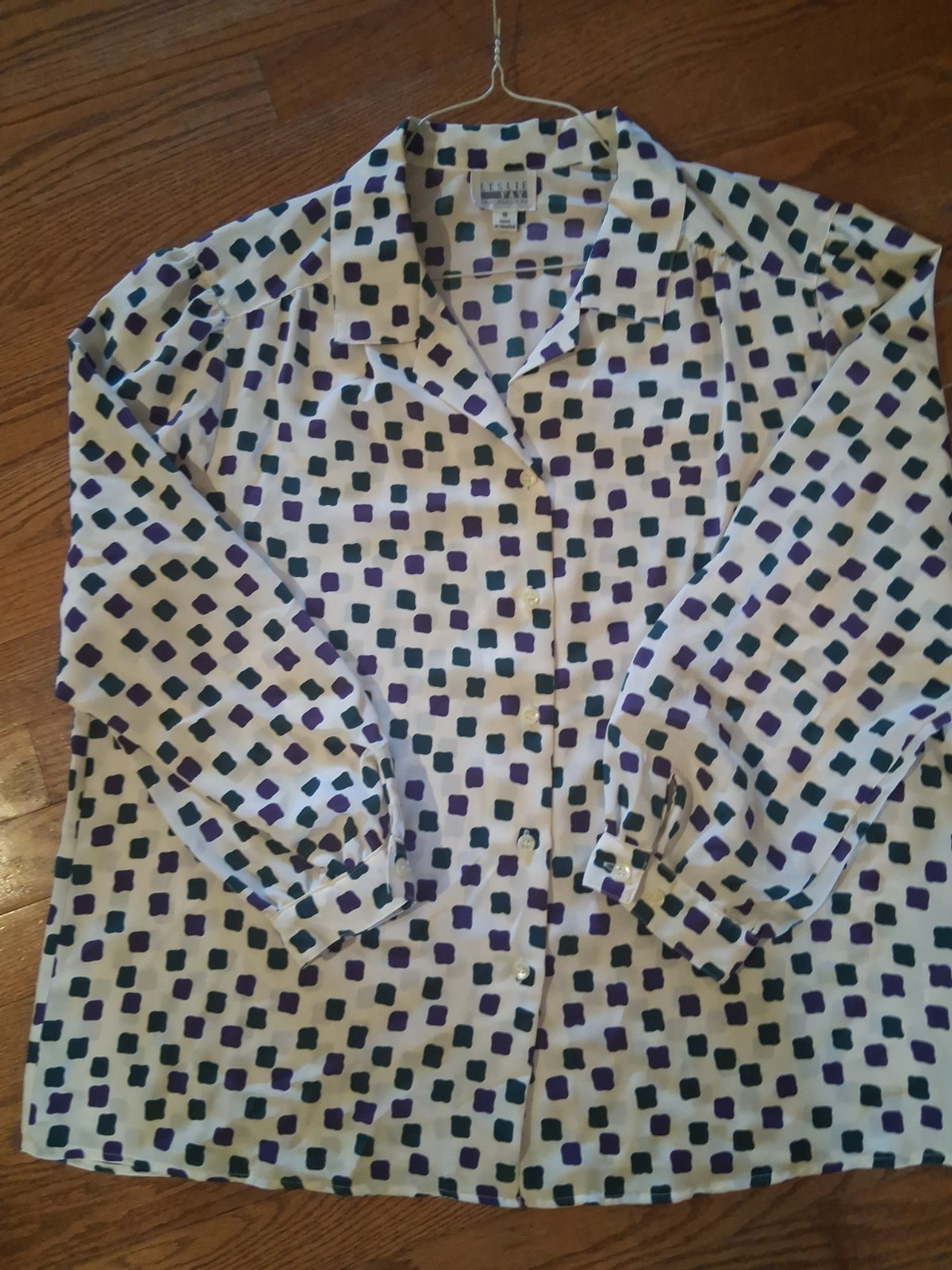 Vintage Leslie Fay Womens Off White Purple And Green Square Print Blouse Size 18