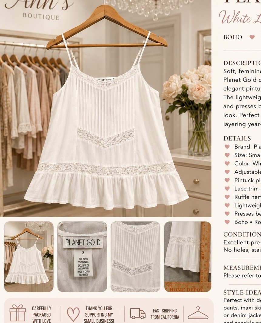 Planet Gold Womens S Cami Top White Lace Woven Pintuck Pleated Ruffle Adjustable