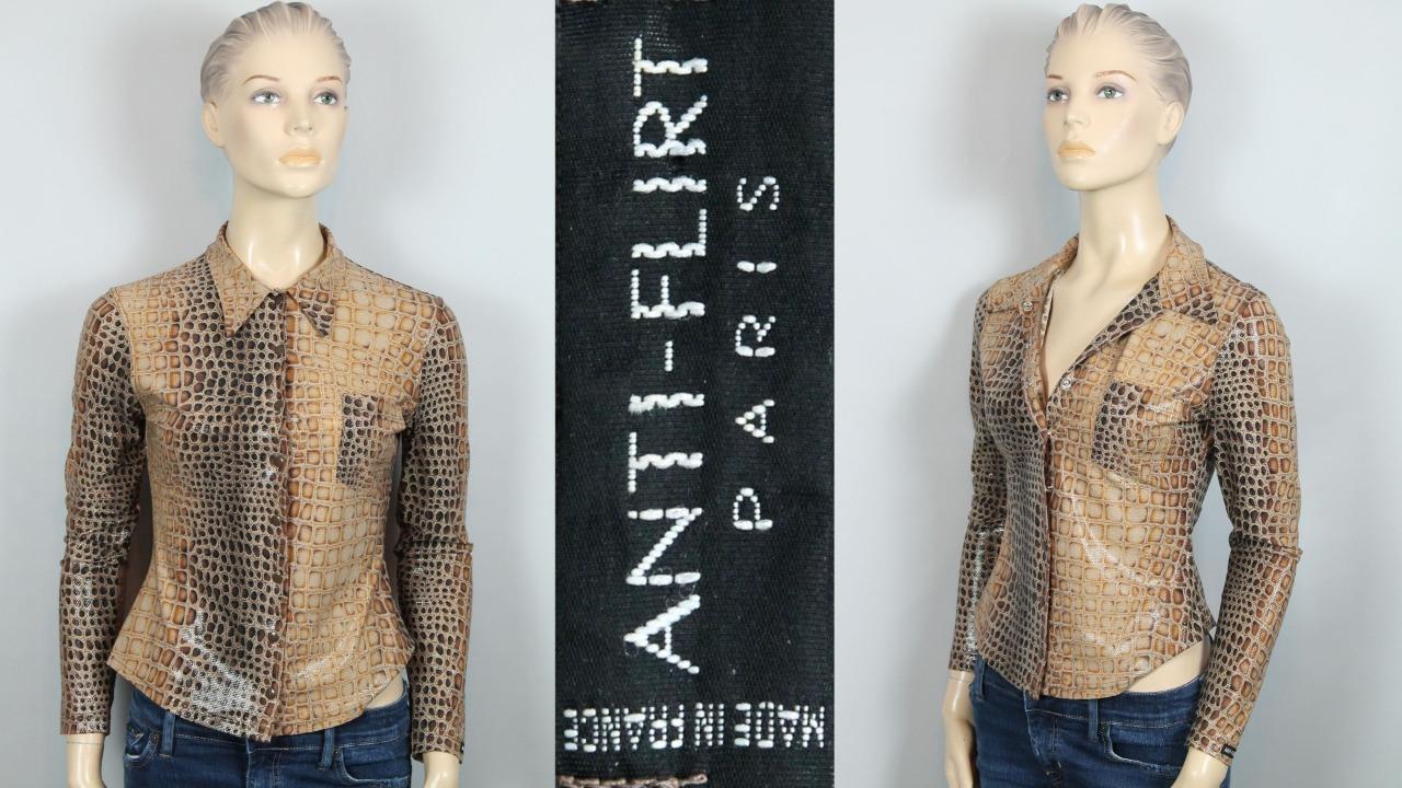ANTI-FLIRT Paris FRANCE Exotic Snakeskin Wet-Look Design Top Shirt Blouse 1