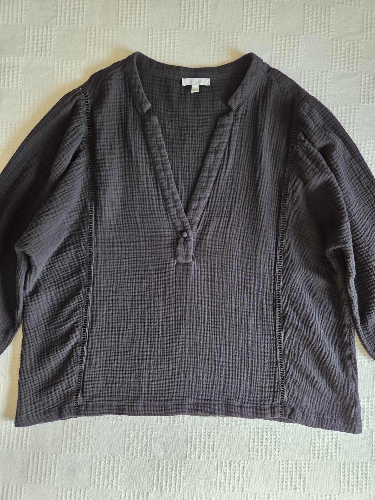Johnny Was Calme Black Gauze 3/4 Bishop Sleeve Blouse Boxy Crochet Size Medium