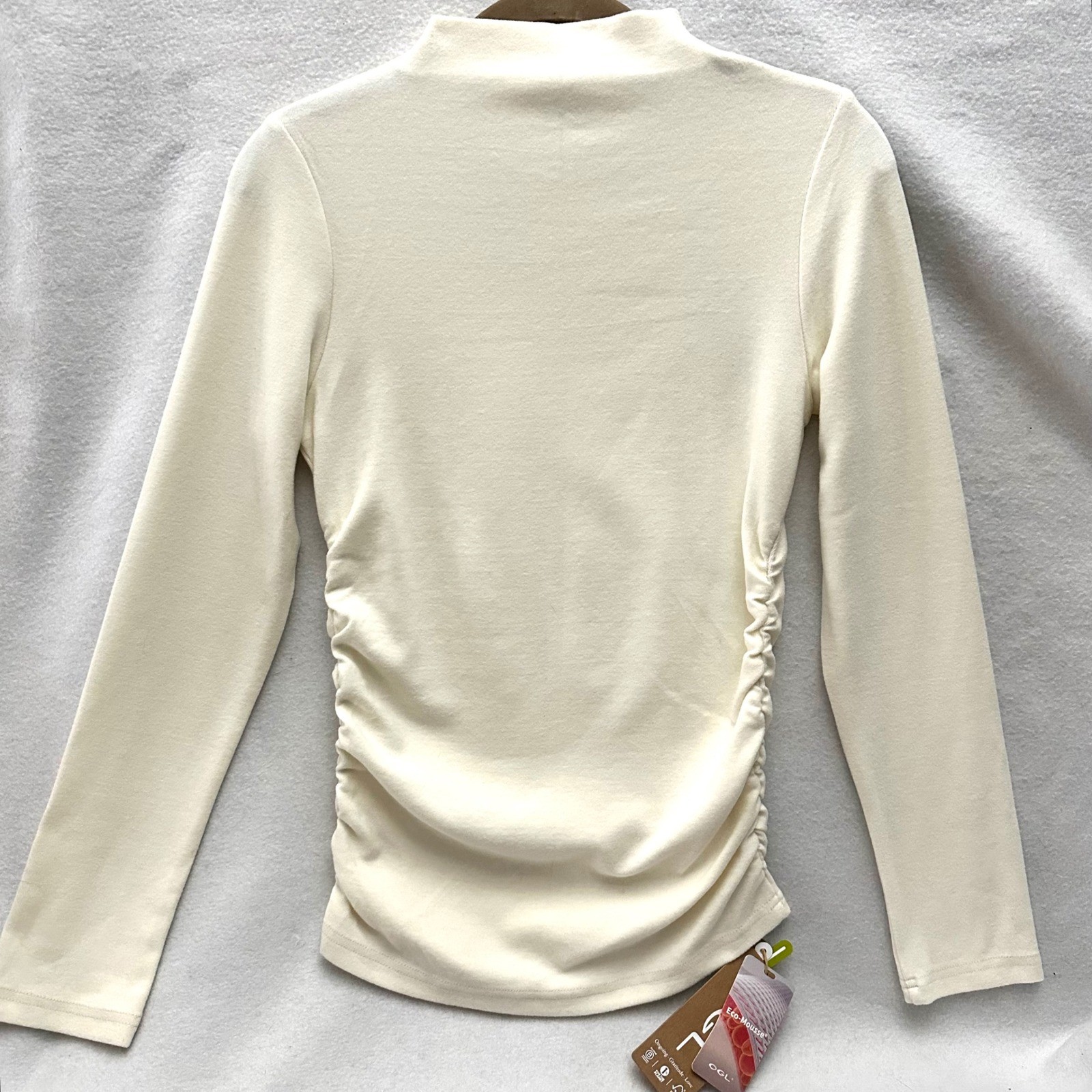 OGL Eco-Mousse Ruched Long Sleeve Mock Neck Top Cream Off White Medium NWT