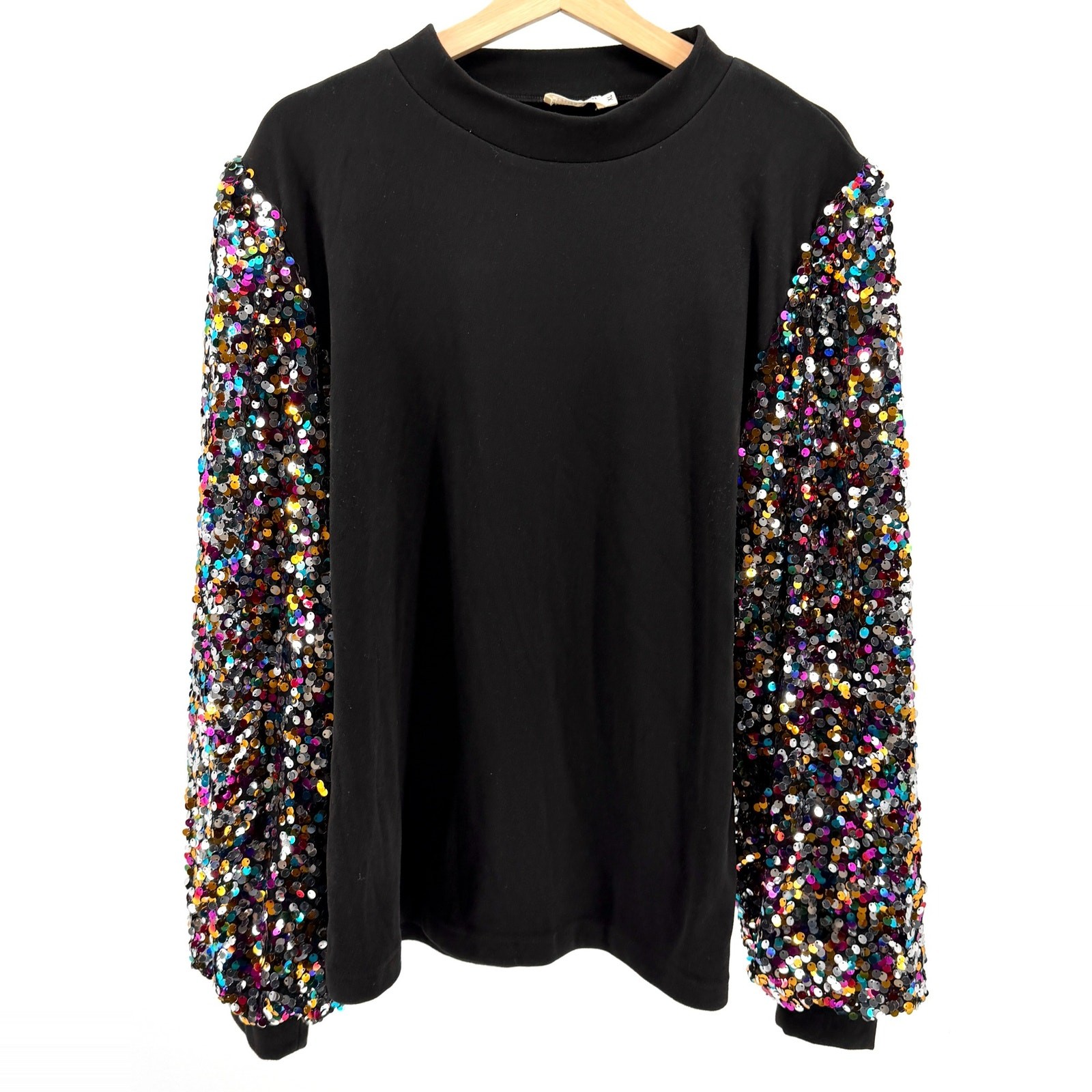Anna-Kaci Black Multi-Color Sequin Sleeve Mock Neck Sweatshirt