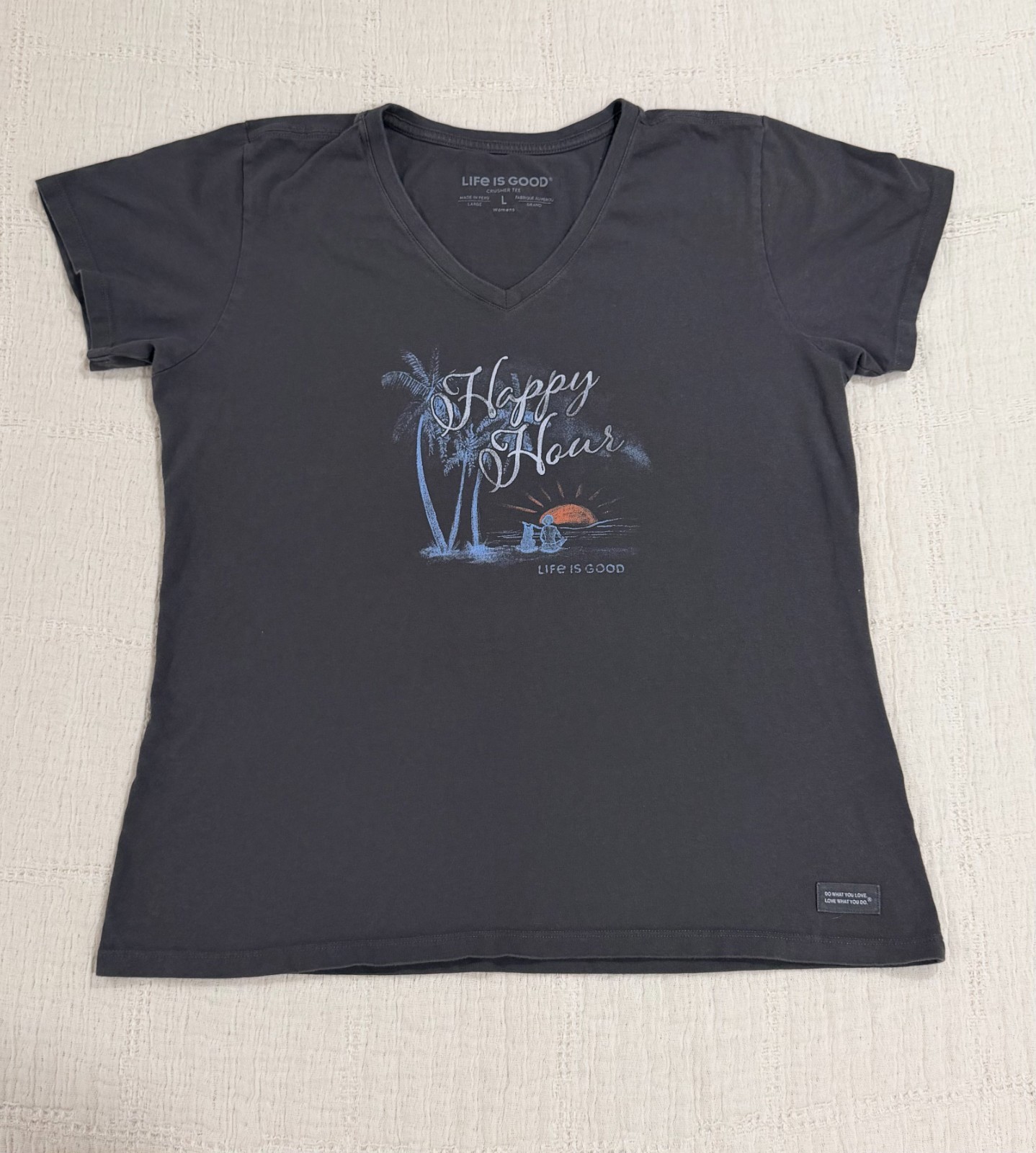 Life is Good Happy Hour Palm Tree Sunset T-Shirt Womens Large Gray Summer Tee