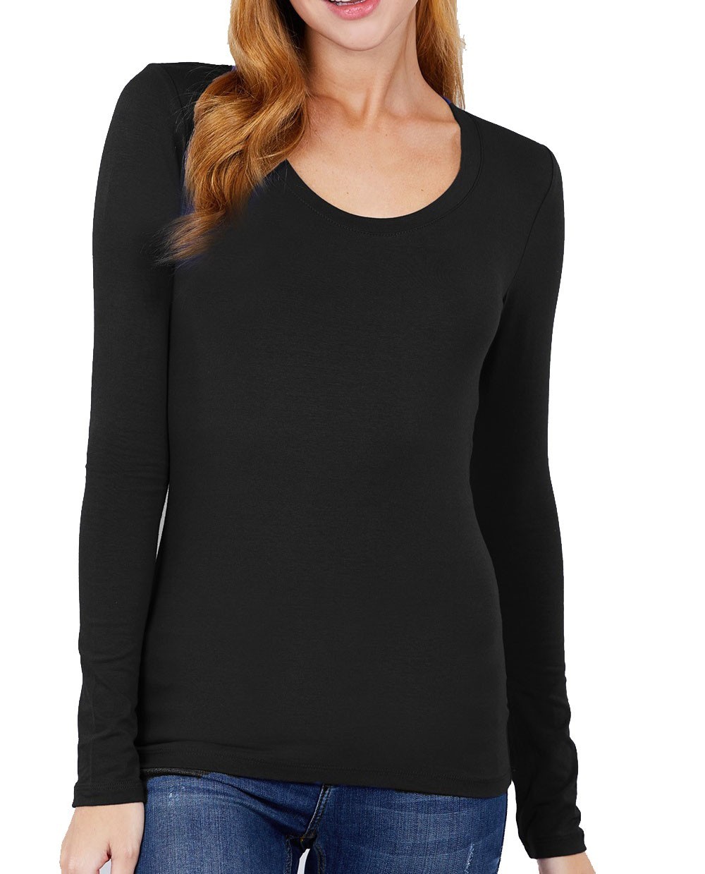 (ACTIVE BASIC) Long Sleeve T Shirt Sexy Scoop Neck Stretch Cotton Tee (S-2X)