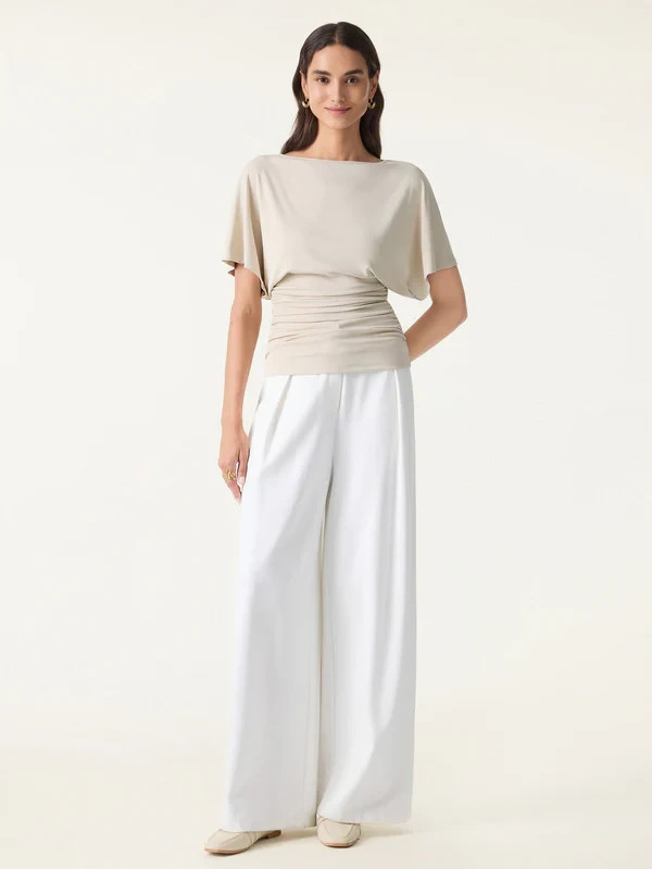 Women’s Boat Neck Batwing Sleeve Ruched Stretch Casual Blouse Top, Morning Mist