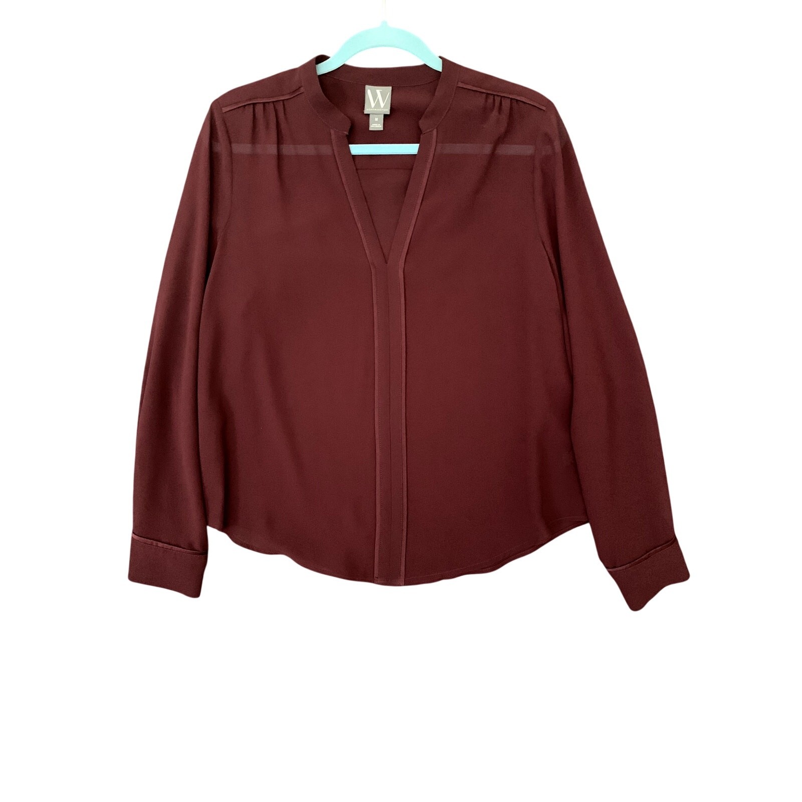 Burgandy Wine Pop Over Blouse Semi Sheer Long Sleeve Women’s Size M