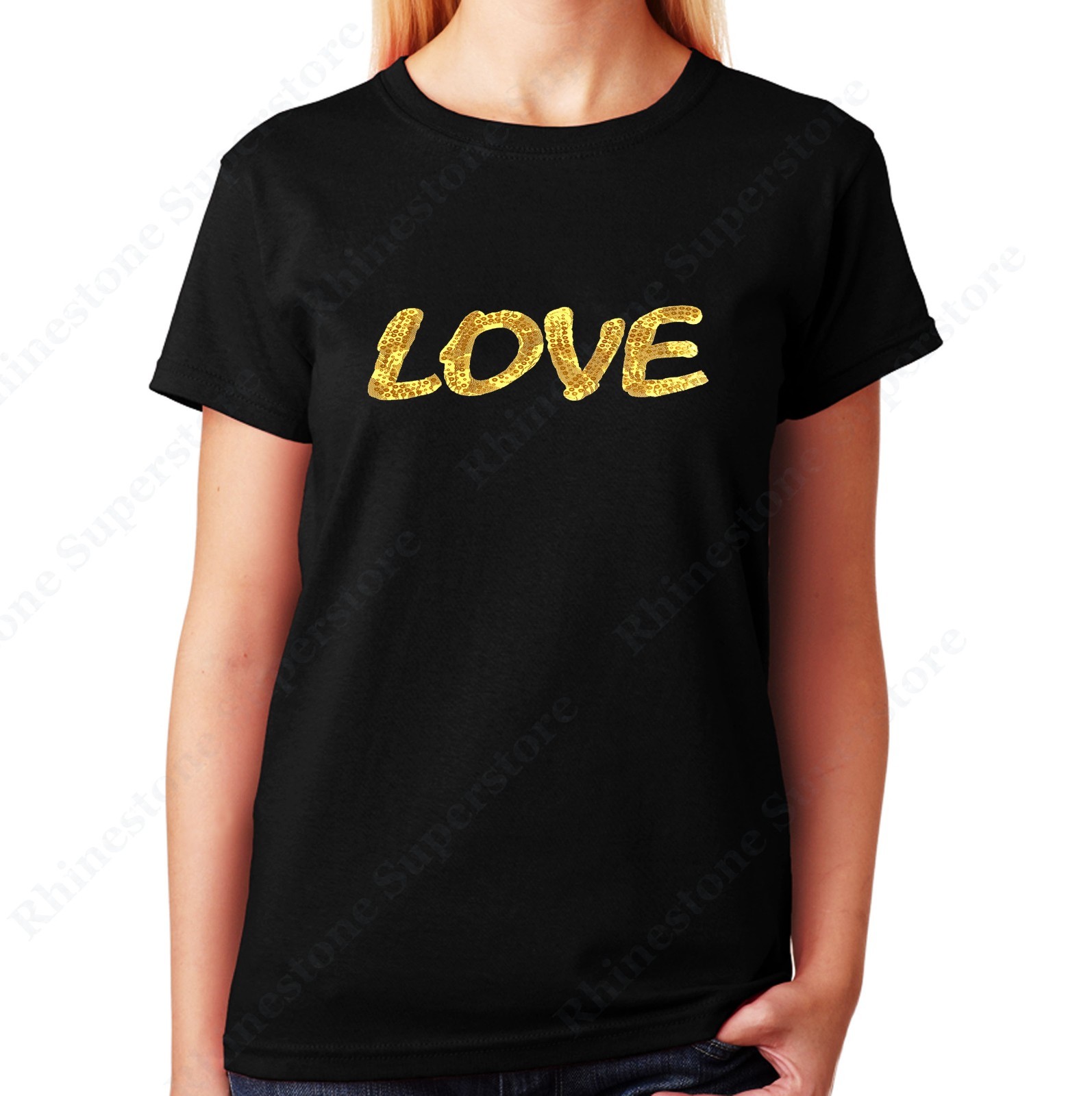Womens / Unisex Lace and Spangle T-shirt ” Gold Love ” in S, M, L, XL, 2X, 3X