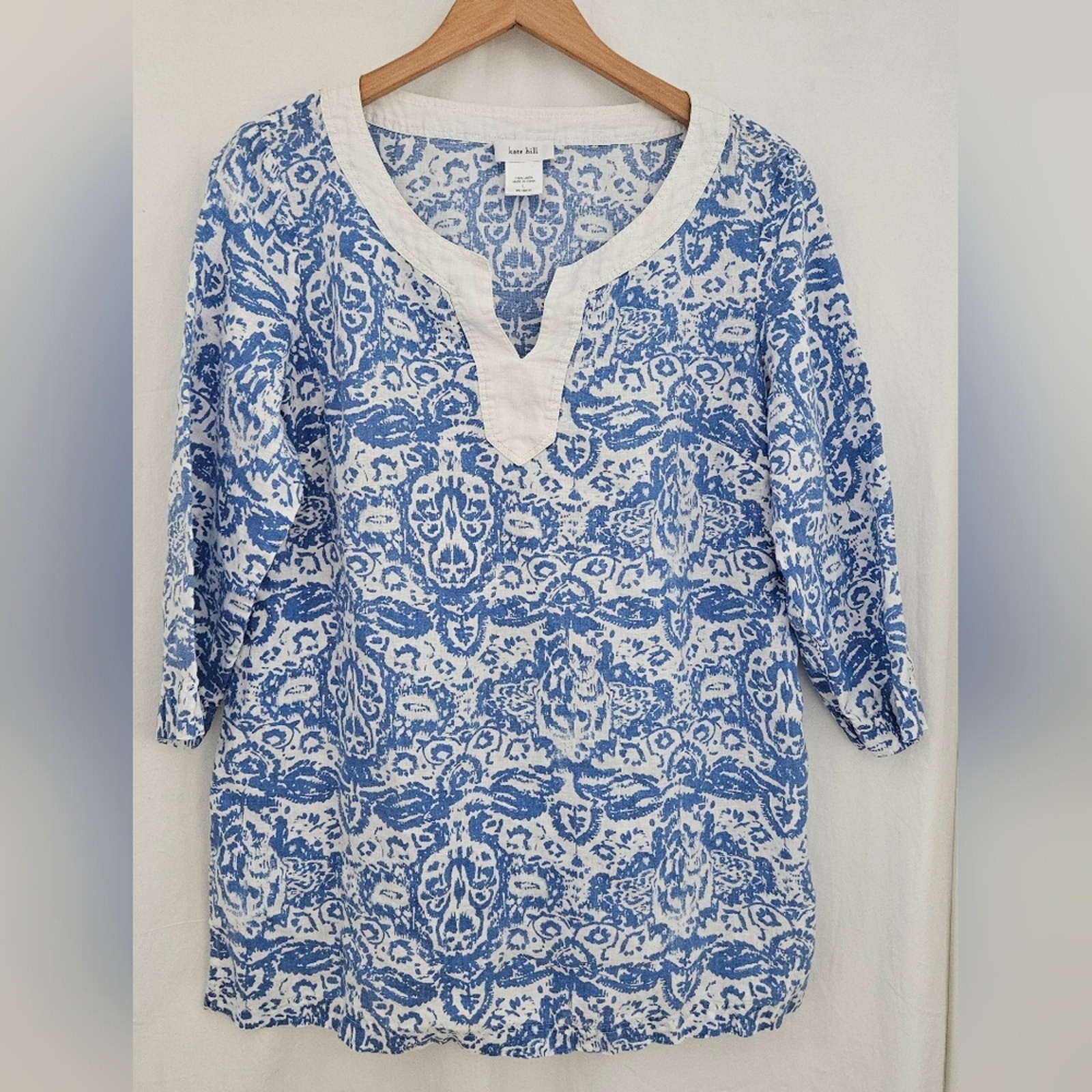 Kate Hill Linen Tunic Womens Large Coastal ¾ Sleeve Beach Lagenlook Nautical
