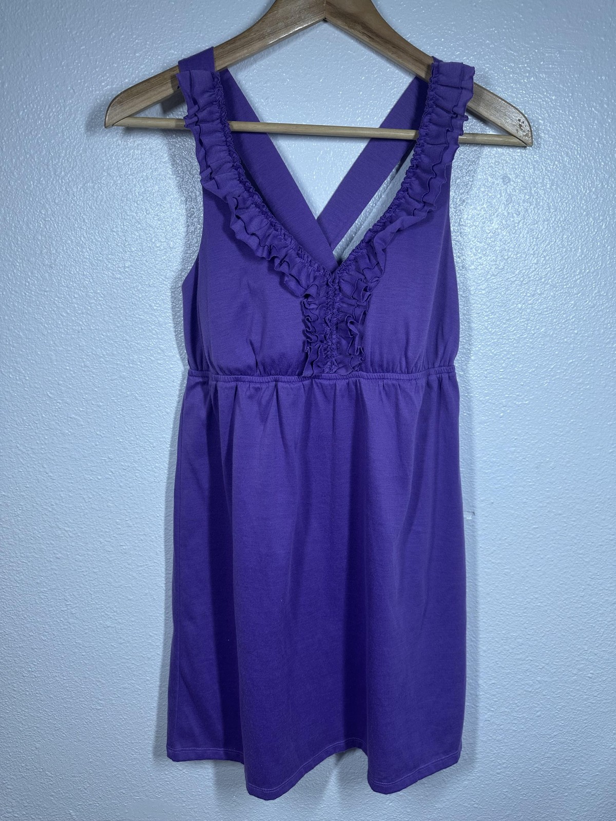 Belle du Jour Top Womens Medium Purple Ruffle Cross Back Empire Waist Tunic