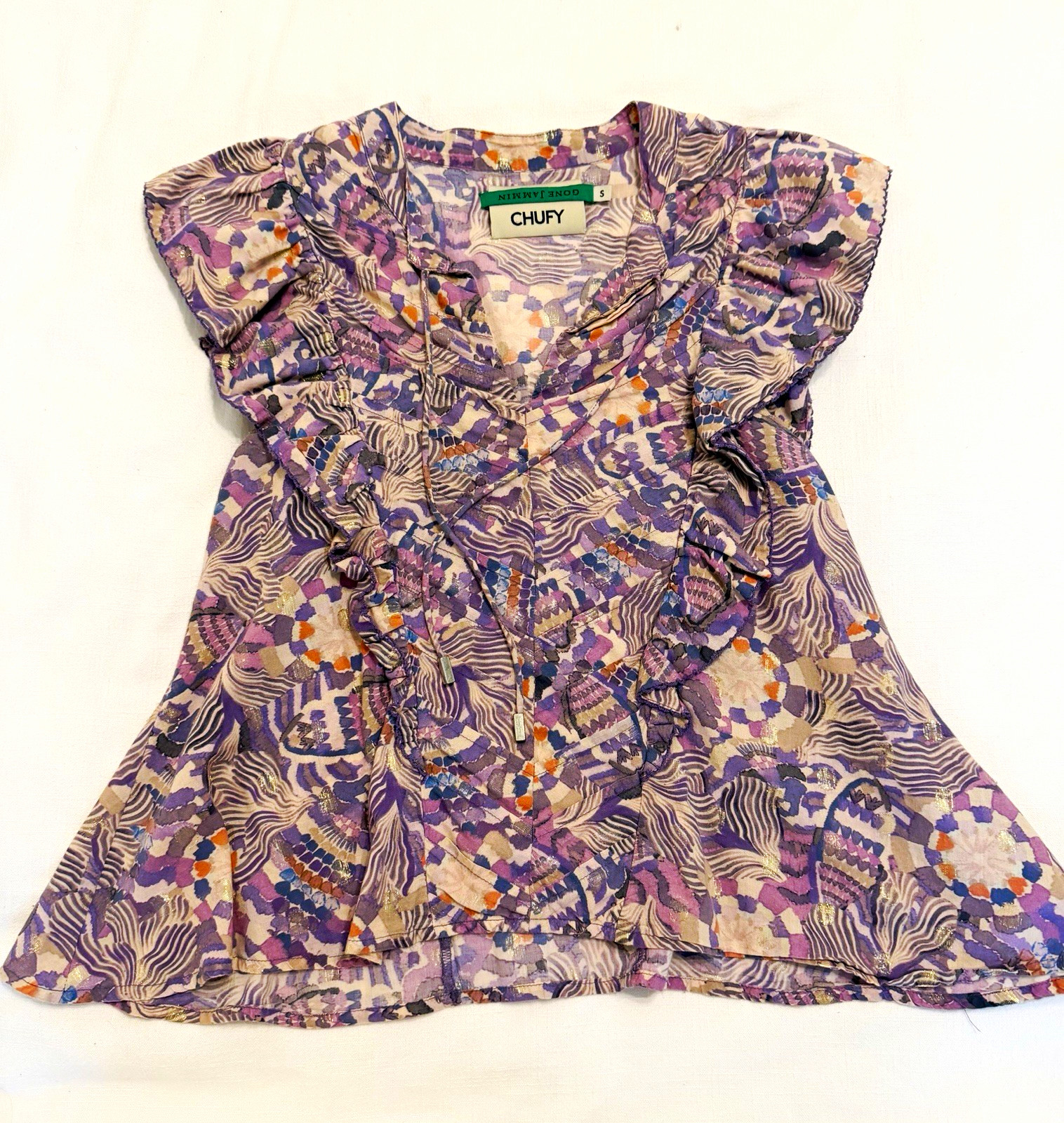Chufy Cotton Lurex Chiffon Ruffle V-Neck Tie Blouse Purple Abstract S
