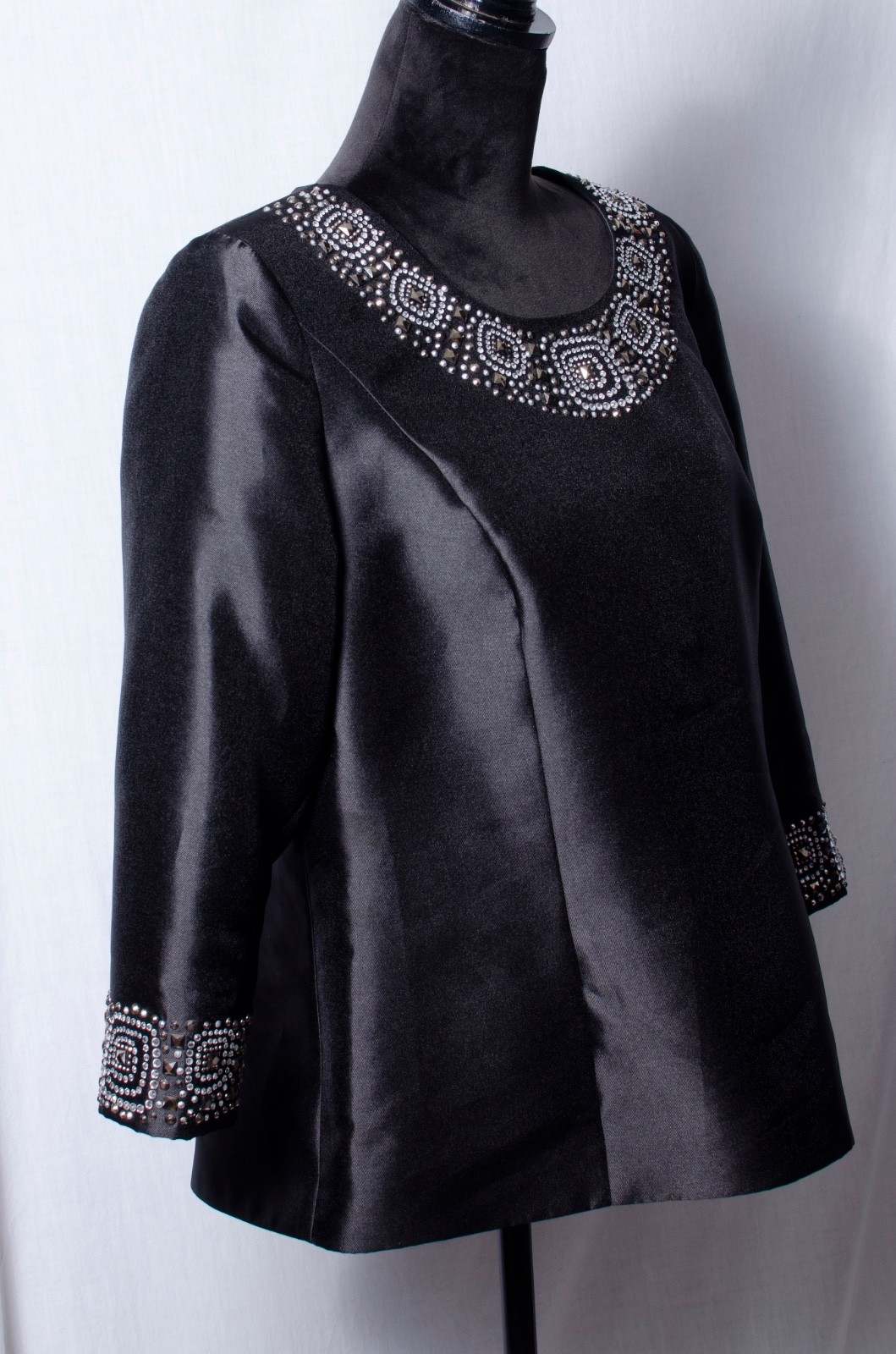 Lily and Taylor Black Satin Top With Black Rhinestone Collar Cuffs Sz 10