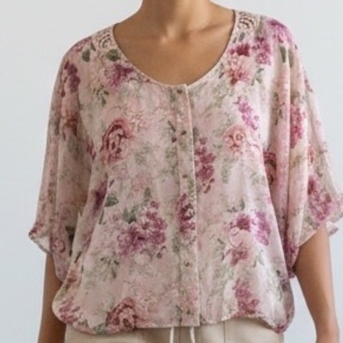 Pink Floral Sheer Cropped Blouse Crochet Lace Back Batwing romantic barbie Boho