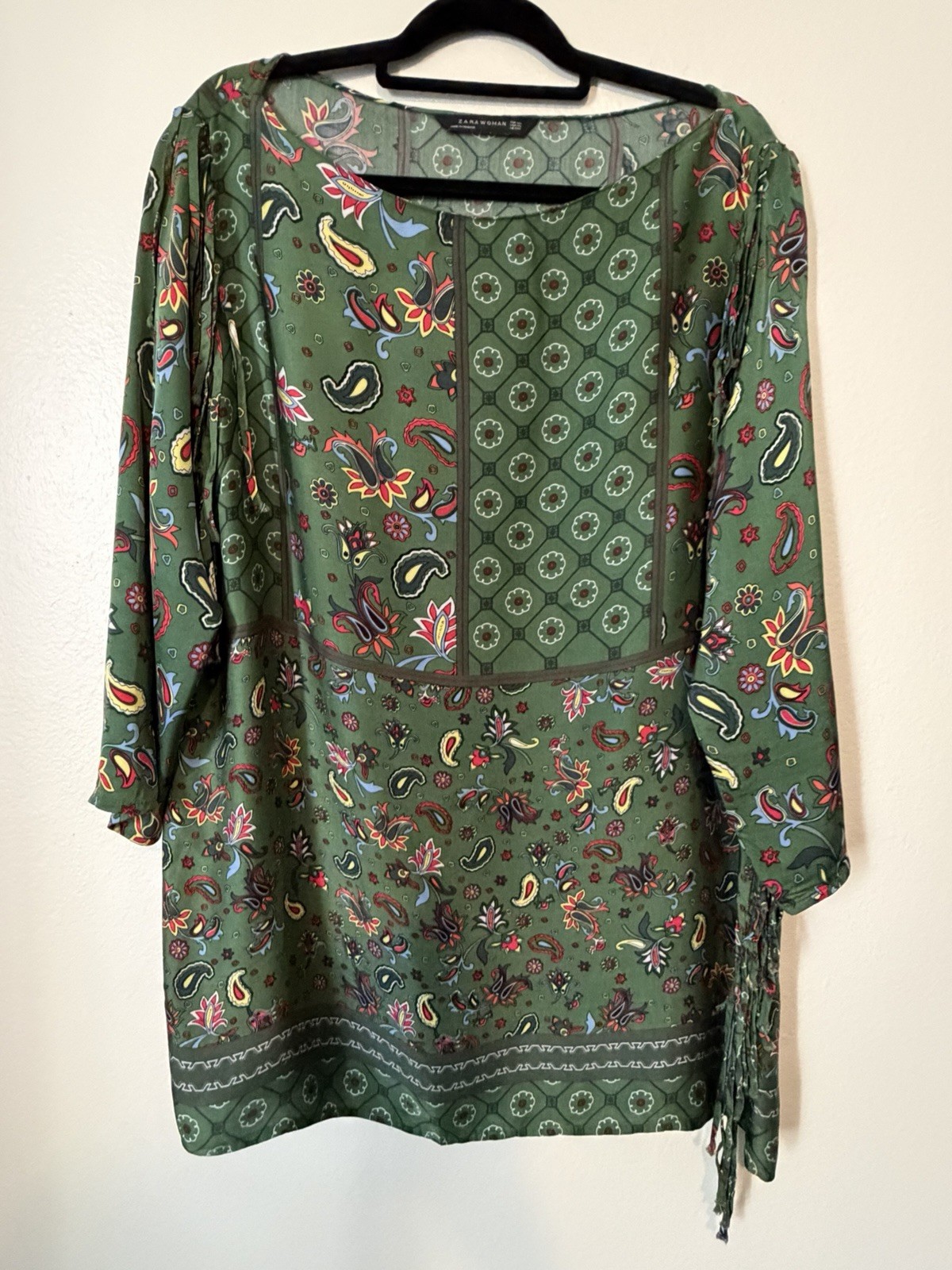 Zara Green Paisley Tunic Dress Fringe Size XXL 3/4 Sleeve Boho
