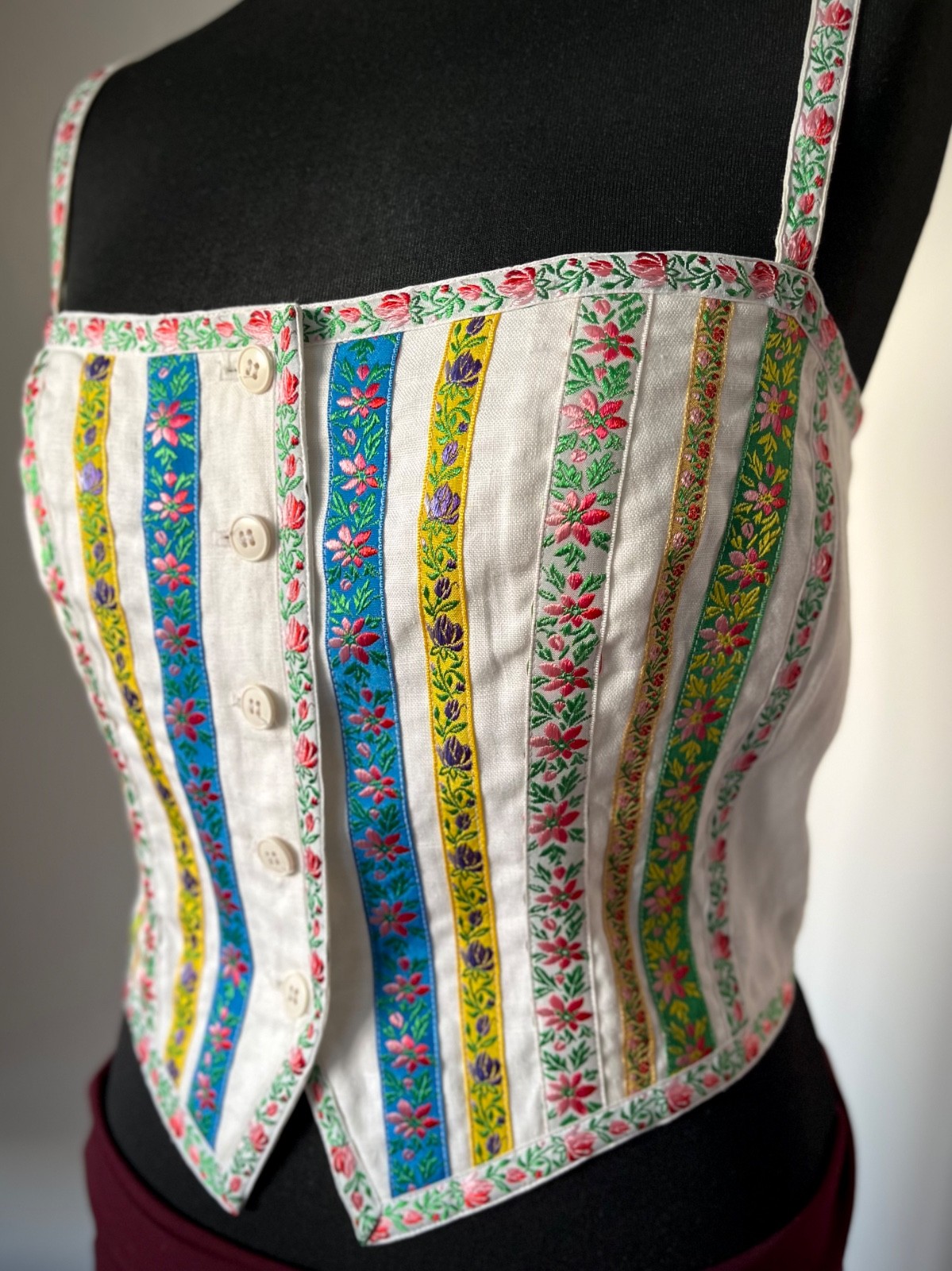 KENZO Paris Vintage Linen Embroidered Corset Top Floral White France Art to Wear