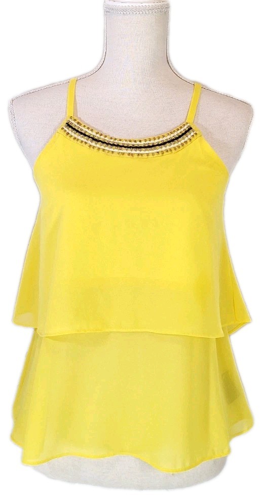 IZ BYER SzS Chiffon Camisole Tank Top Mesh & Bead Collar Trim Flowy Yellow Boho