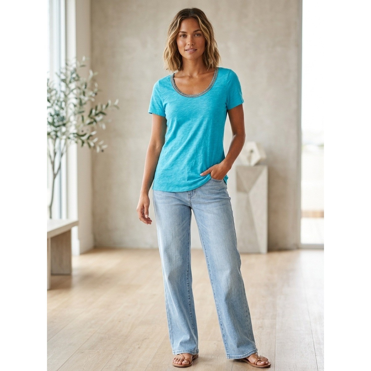 Tommy Bahama Top Women Turquoise Slub Knit Beaded Scoop Neck Short Sleeve Tee XS