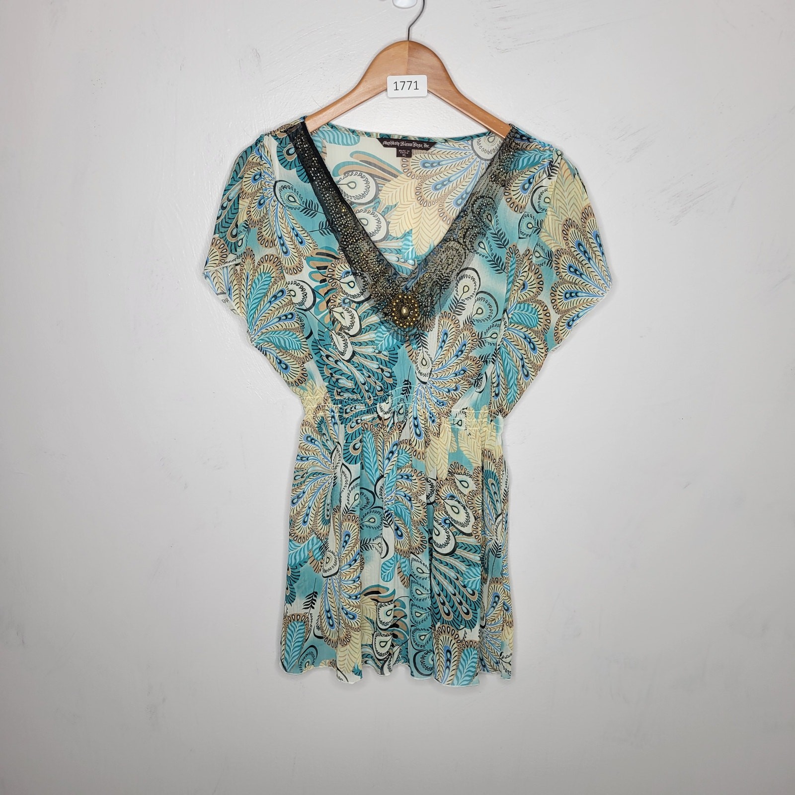 Mushka by Sienna Rose Top Size XL Jeweled Beaded Boho Sheer Colorful Peacock