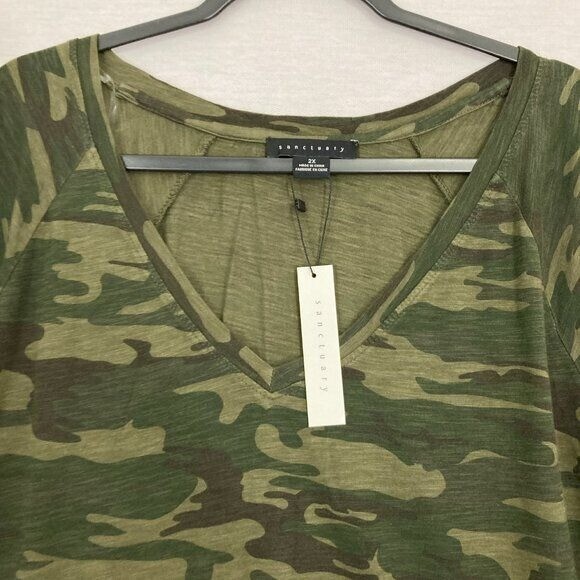 New Sanctuary Green Camo V Neck Soft Stretch Casual Travel Top 2X