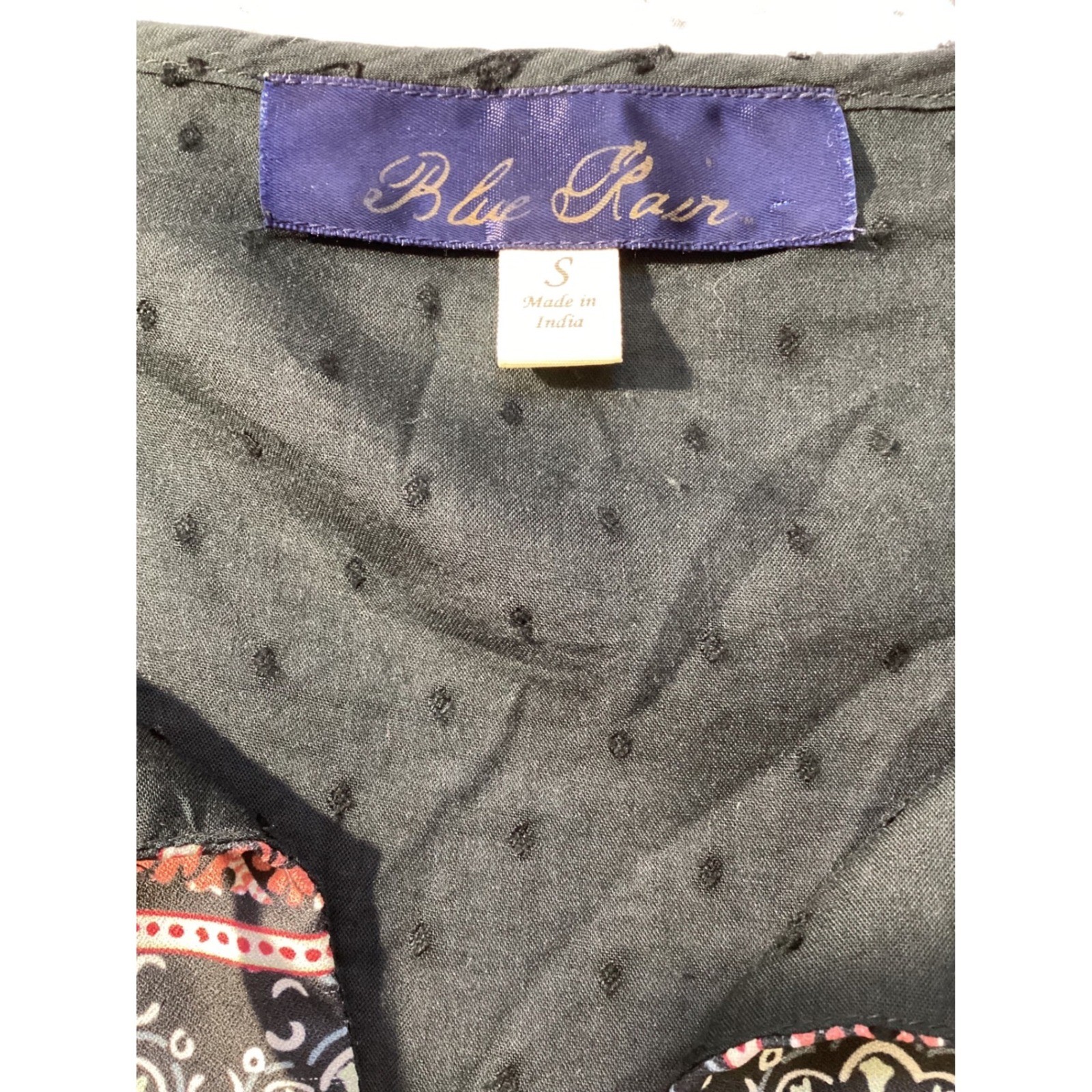 Blue Rain Black Swiss Dot Peasant Blouse Mixed Print Tassel Top Small