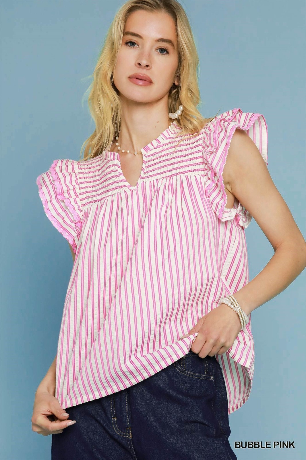 Umgee Pink Striped Top w/Smocked Yoke, Flutter Sleeves w/ Ric Rac Trim