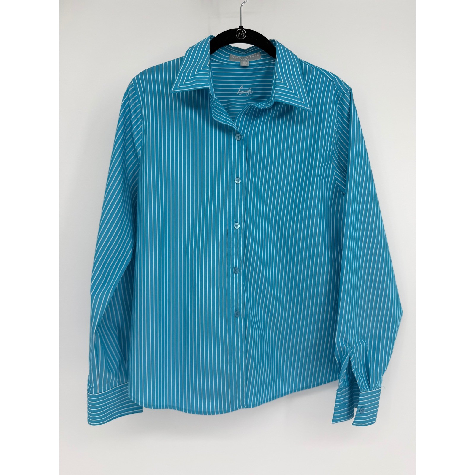 Foxcroft Wrinkle Free Fitted Shirt Womens 10 Turquoise Blue White Pinstripe