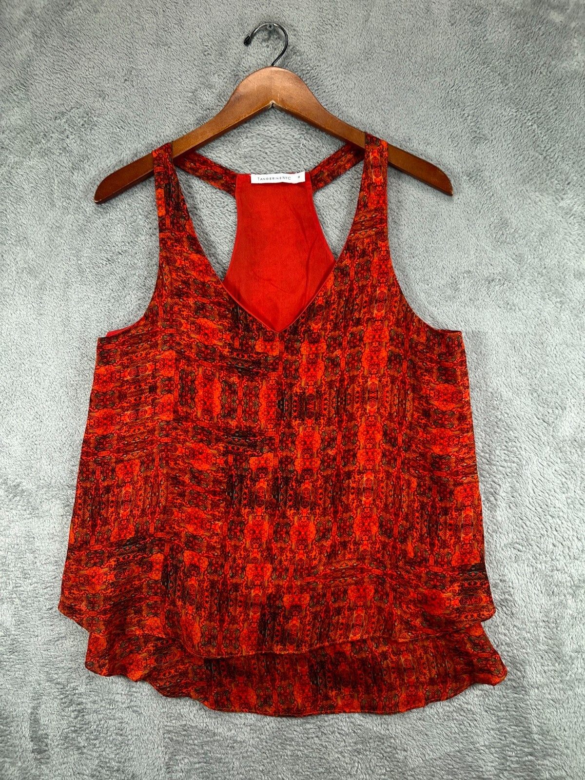 Womens Tops Medium Tank Boho Tangerine NYC Orange Tribal Silky Blouse Sleeveless