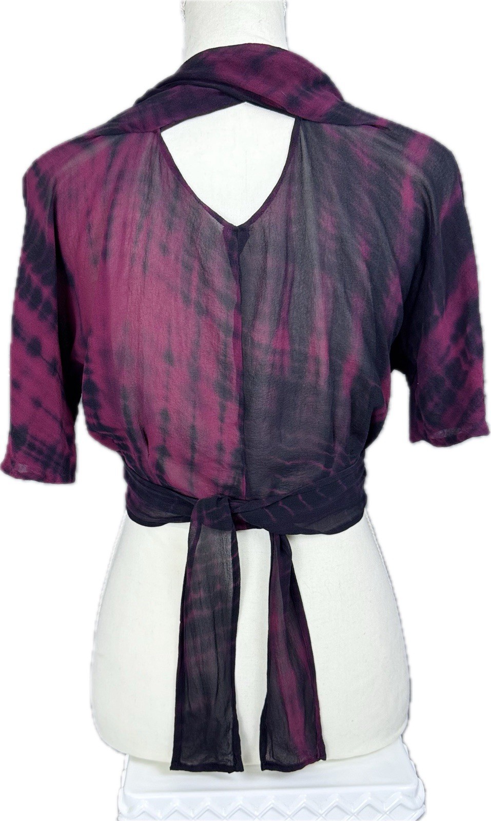 100% Silk Tie Dye Shibori L Crop Top Wrap Blouse Darts Twist Back Black Burgundy