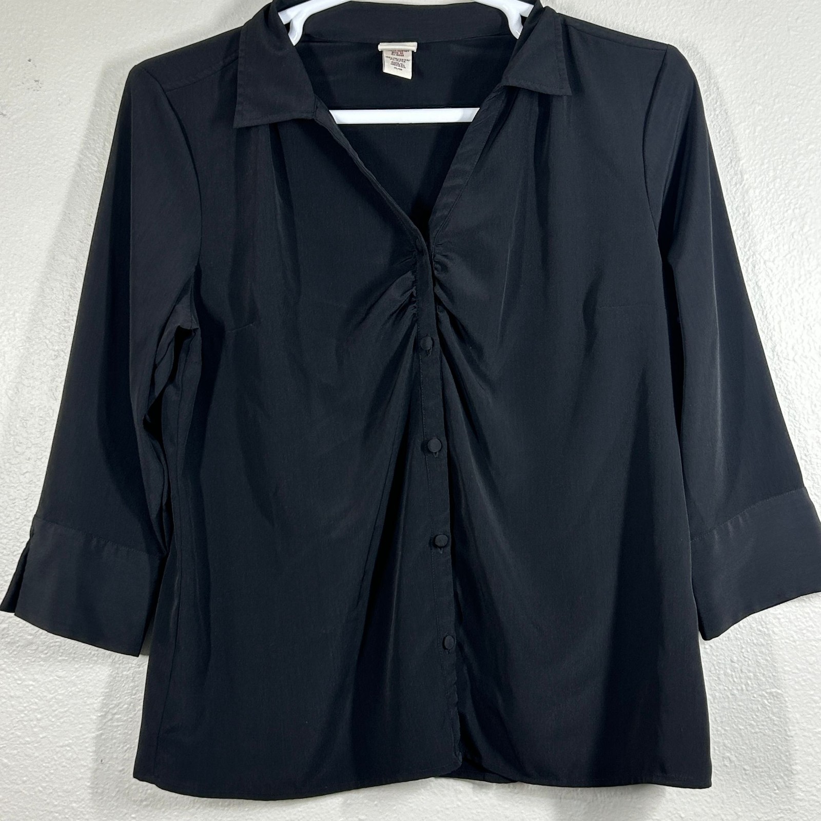 Covington Blouse Womens XL Black Ruching Front Button 3/4 Sleeve Polyester