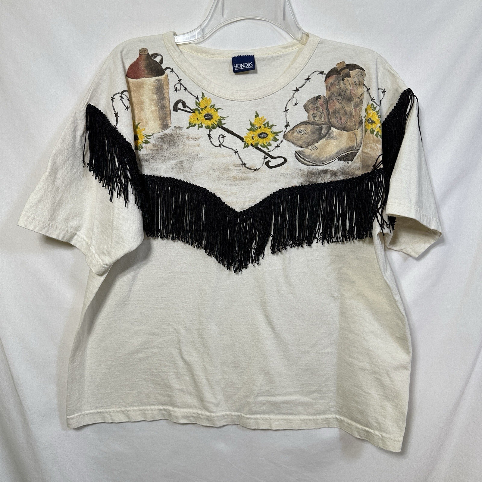 Vintage Honors Women’s Large Fringe Westernwear T-Shirt Barbed Wire Boots Rodeo