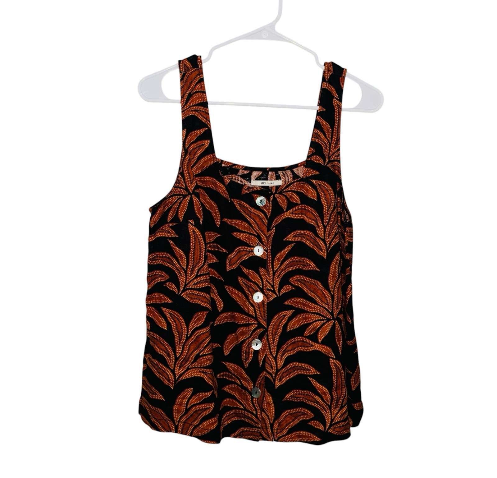 Rachel Zoe Linen Black/Rust Tropical Button Front Square Neck Tank Top M