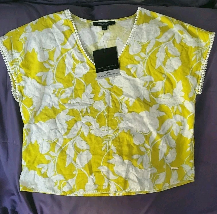 MARC NEW YORK Andrew Marc M Boxy Linen Blend Top Beachy Boho Tropical Summer