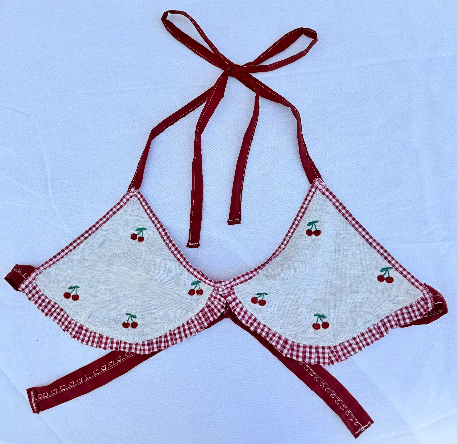 Upcycled Triangle Halter Bikini Shape Top Cherry Print Red Summer Festival Wear