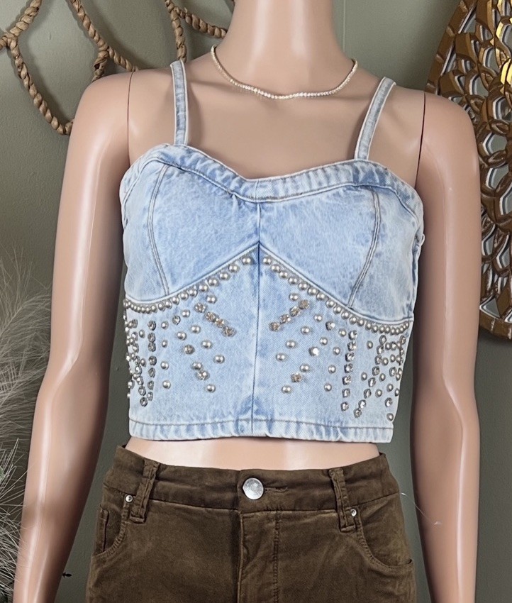 NWT BLANK NYC Light Wash Starstruck Embellished Denim Crop Top MED Festival Hot