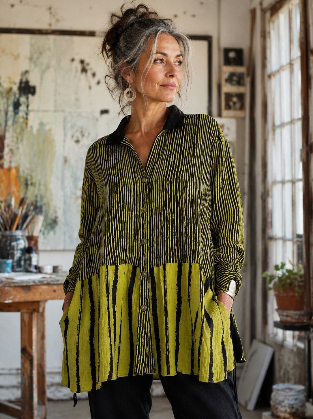 Ali Miles Striped Button Up Tunic Top Women’s Size 1X Black Green Art to Wear