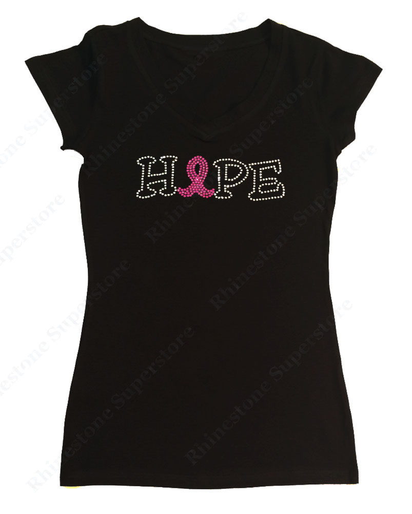 Women’s Rhinestone T-Shirt ” Hope Cancer Ribbon ” Pick your Color Ribbon