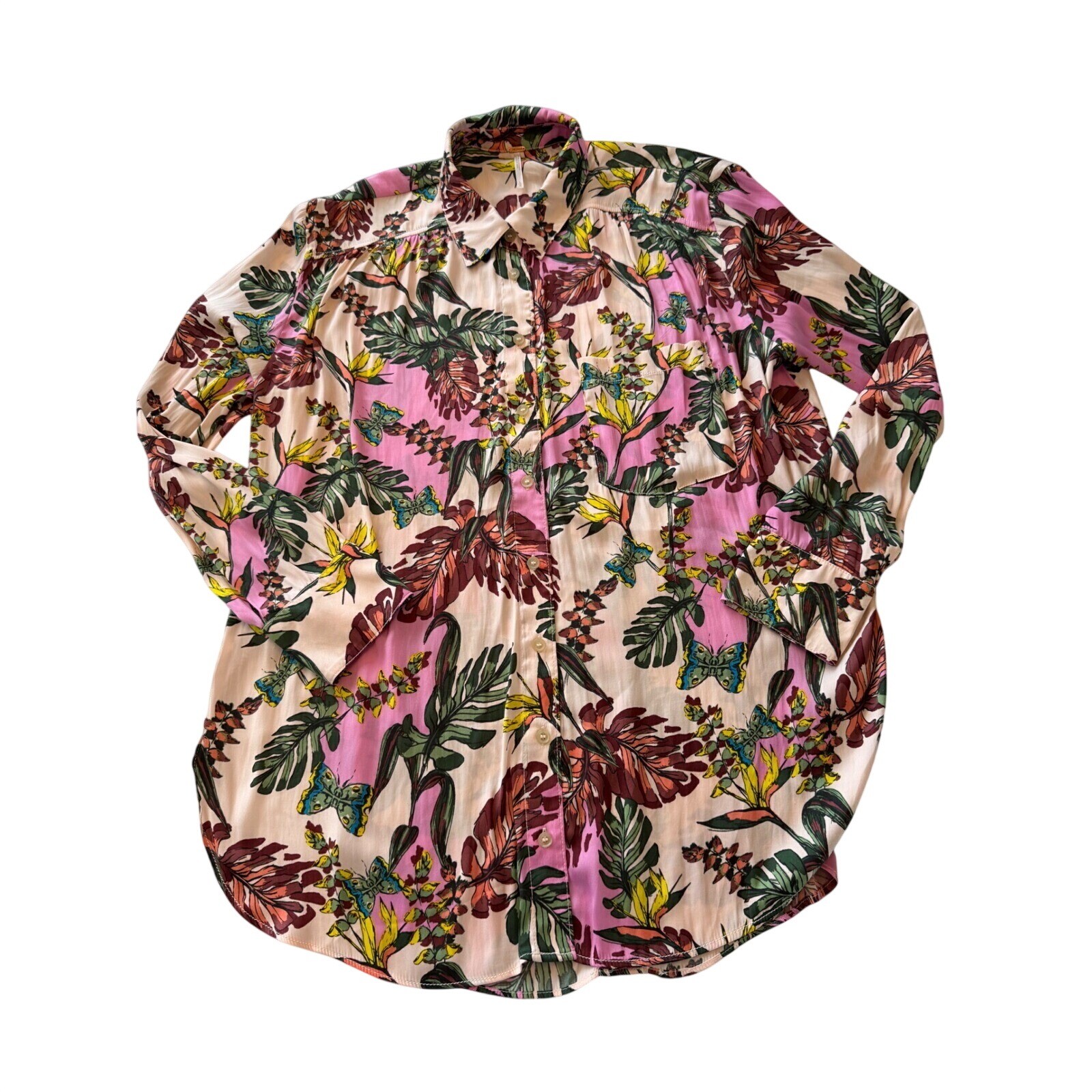 Free People Pink Tropical Butterfly Floral Button Down Shirt Long Sleeve Top