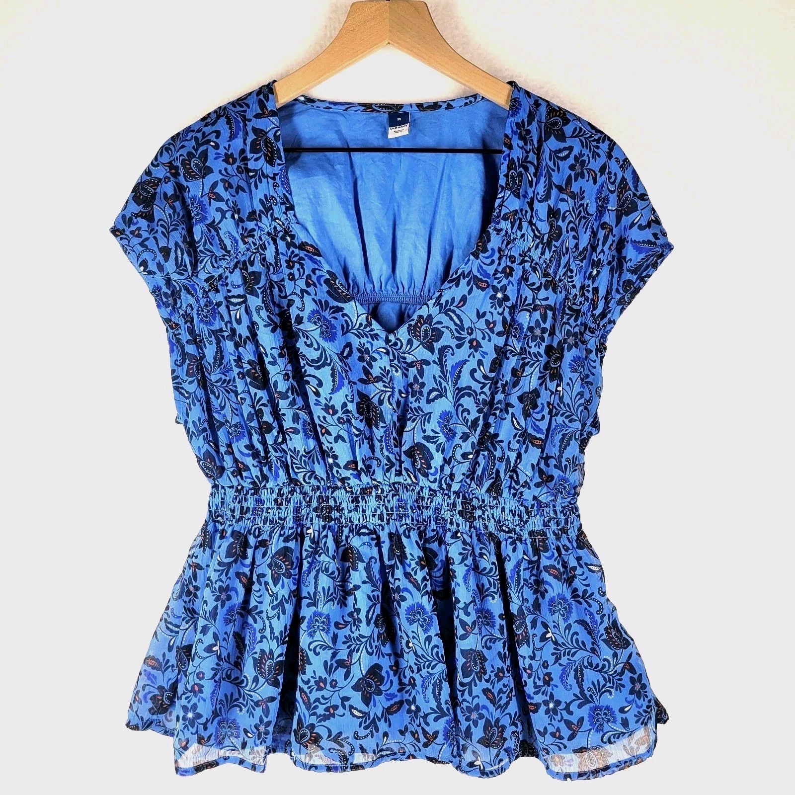 Old Navy Floral Peplum Top M Blue Smocked Waist Boho Romantic Cottagecore
