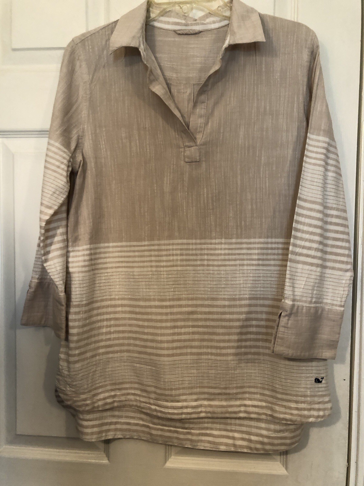 Vineyard Vines Beige and Gold Striped Linen/Cotton Blend Tunic 3/4 Sleeves S