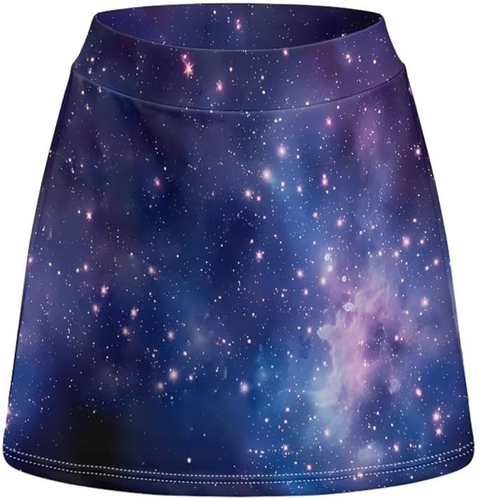 Women Beautiful Summer Cosmic Galaxy Space Print Skort + Pocket, Sporty, XL