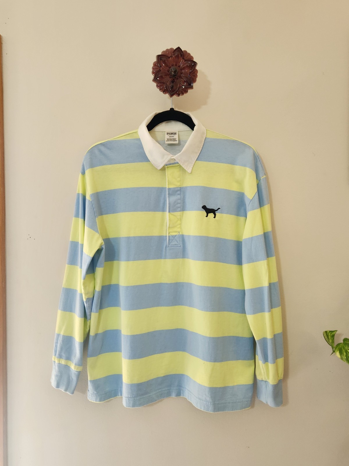 Victoria’s Secret PINK Blue & Yellow Striped Varsity Campus Rugby Polo Shirt. Sz